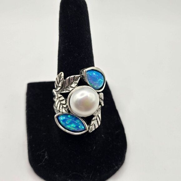 Didae Shablool 925 Sterling Silver Israel Blue Fire Opal Ring Size 7 Pearl - Picture 1 of 6